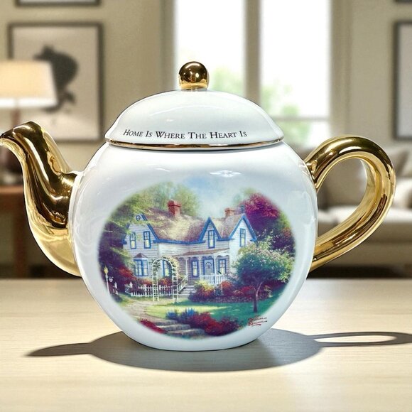 Vintage 1990s Thomas Kinkade “Home Is Where The Heart Is” Teapot, Teleflora 28oz - Picture 1 of 9